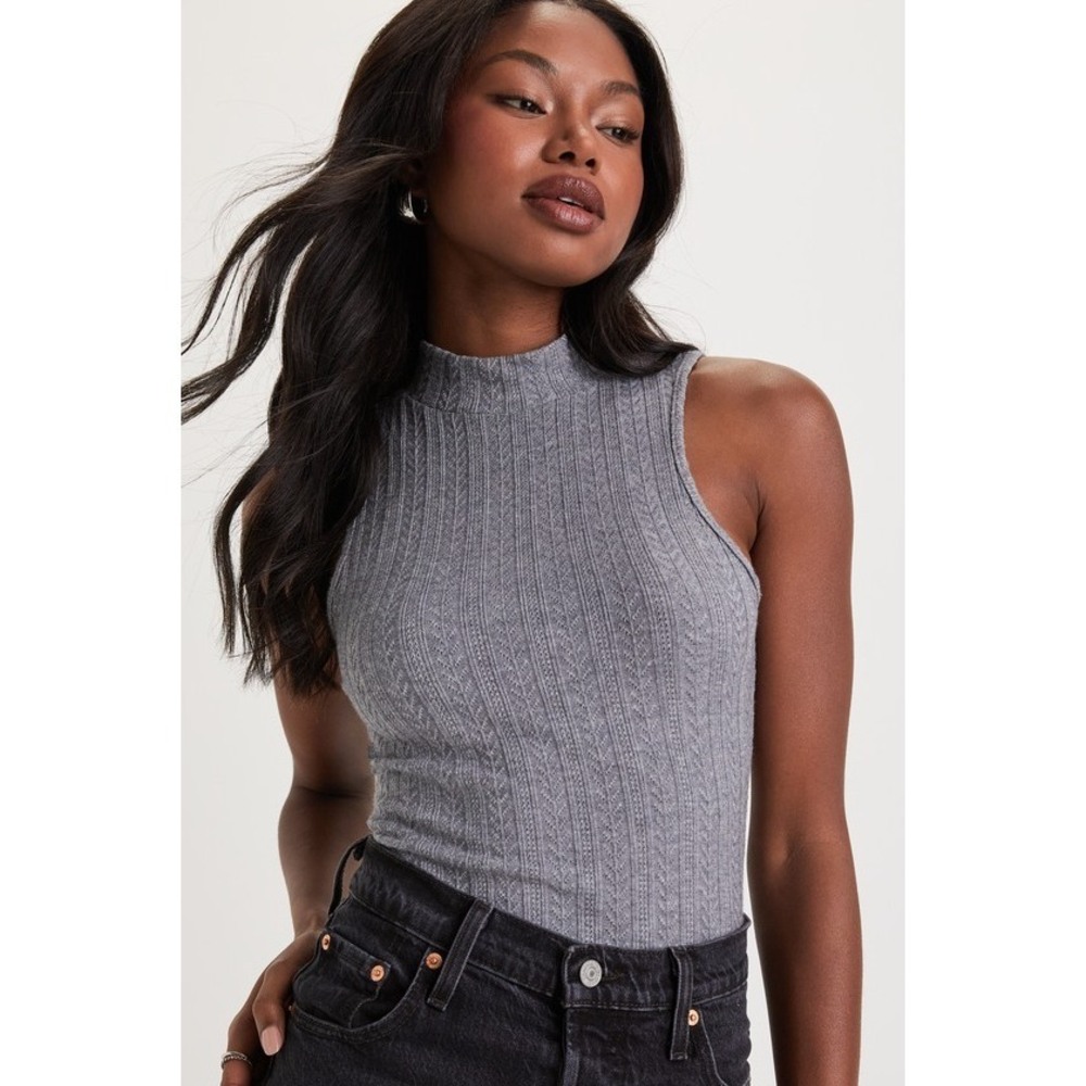 Lulus Seasonal Charisma Heather Grey Pointelle Mock Neck Bodysuit - Size M
